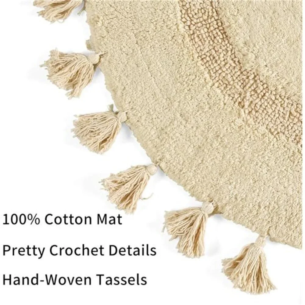 Half Circle Boho Bathroom Rug with Tassels 100% Cotton Hand-Woven